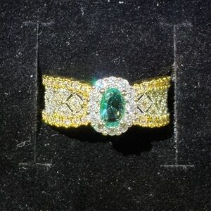 Gold-Plated Women's Ring with Green Emerald Center and Halo